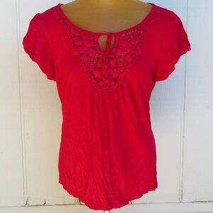 Pink puff sleeve top with crochet lace